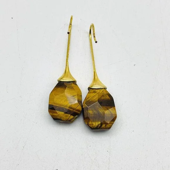 Simulated Tigers Eye Earrings Gold Tone Faceted Boho Festival Party Hippie - Picture 2 of 8